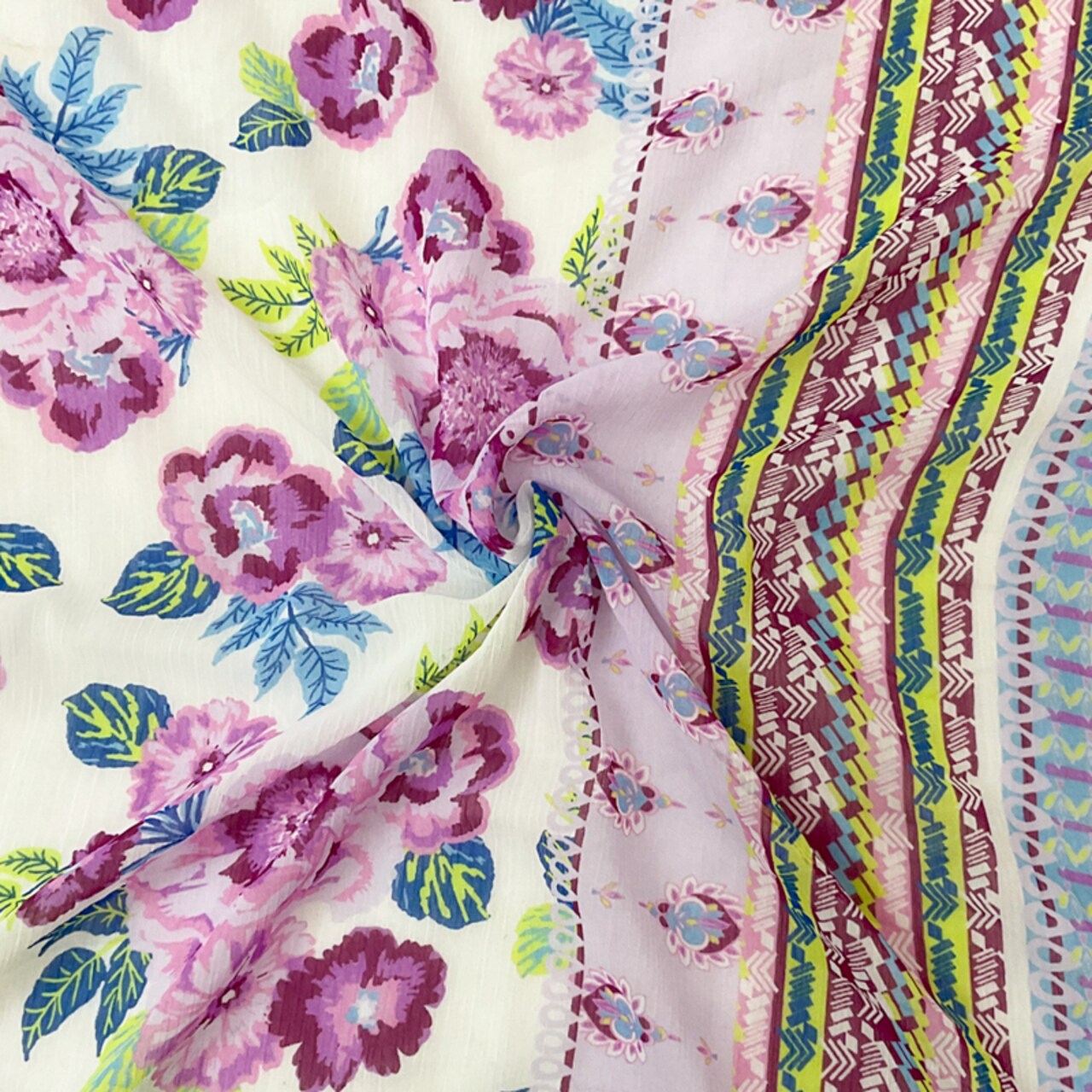Purple-Multi Poly Floral Border Print Yoryu Chiffon Woven Fabric By the Yard